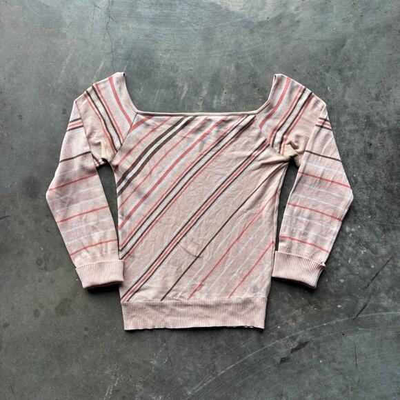 Guess Collection Long Sleeve Blouse Womens M Peach Brown Striped Square Neck Top - Picture 1 of 14